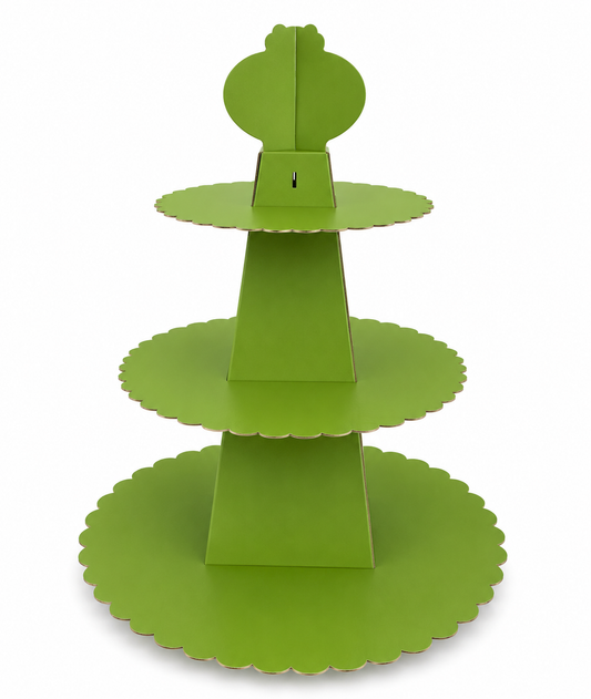 Green three-tiered paper cupcake stand on a white background