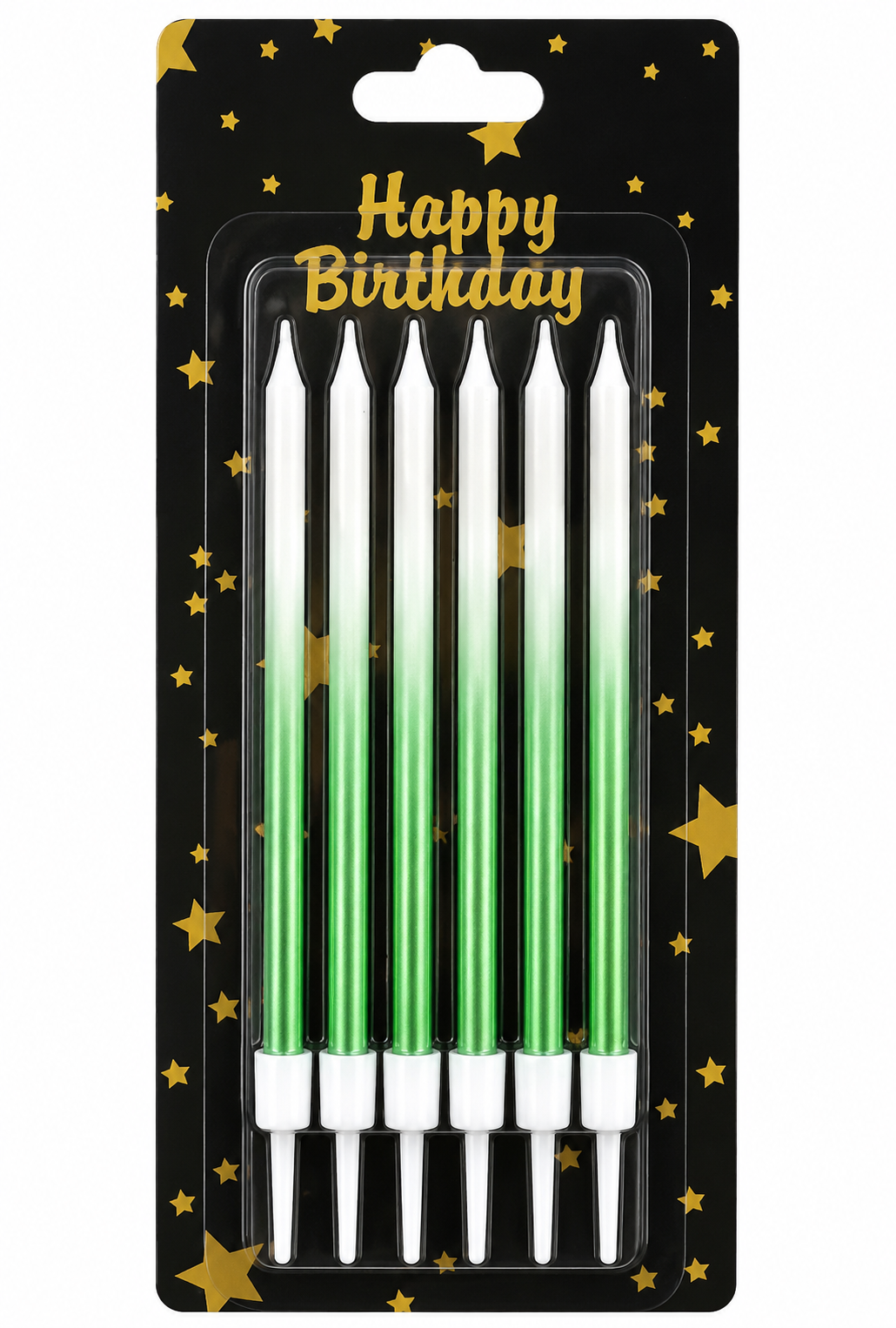 Pack of green birthday candles with black packaging featuring 'Happy Birthday' text.