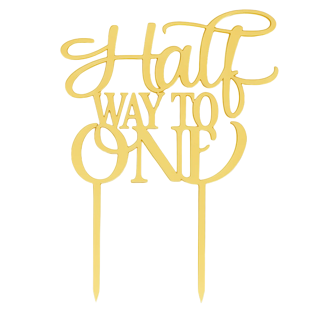 Gold Halfway to One cake topper in elegant script for 6-month celebrations