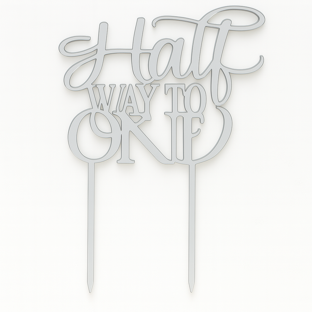 Silver Halfway to One cake topper in elegant script for half-birthday parties