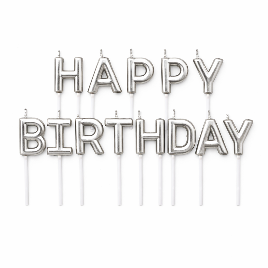 Silver 'Happy Birthday' balloon letters on a white background