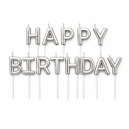 Silver 'Happy Birthday' balloon letters on a white background