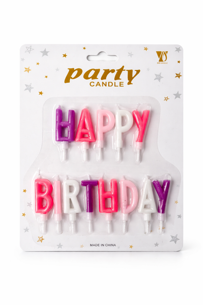 Packaged birthday candles with 'Happy Birthday' text