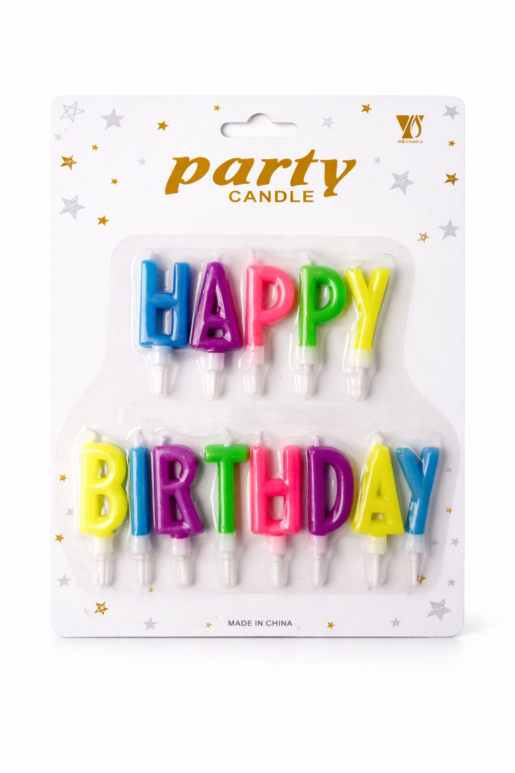 Packaged birthday candles with 'Happy Birthday' text 