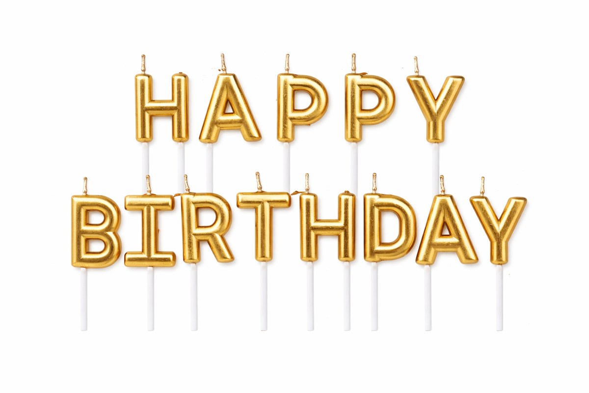Gold “Happy Birthday” letter candles topper set on white background for birthday cake decoration