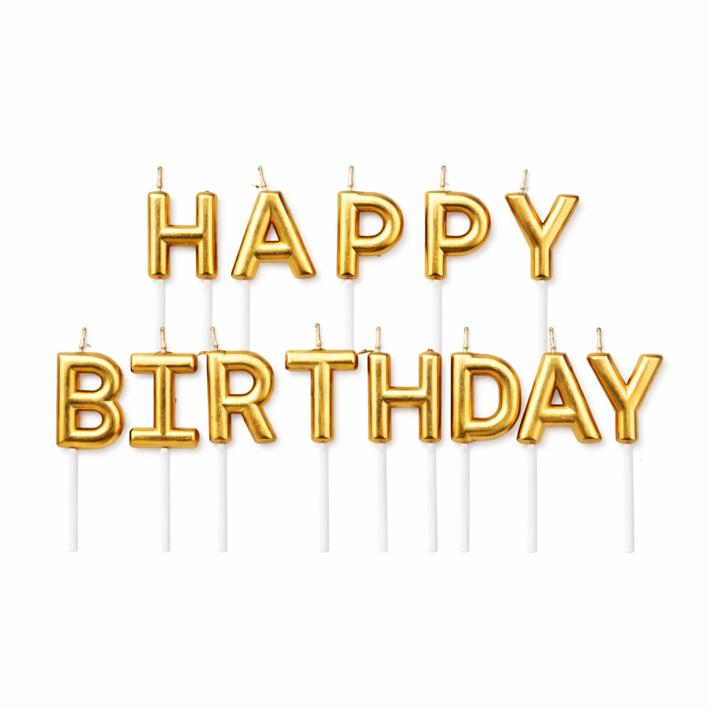 Gold “Happy Birthday” letter candles topper set on white background for birthday cake decoration