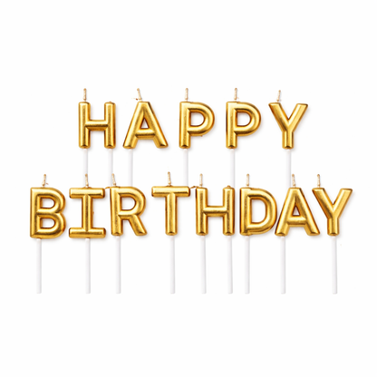 Gold “Happy Birthday” letter candles topper set on white background for birthday cake decoration