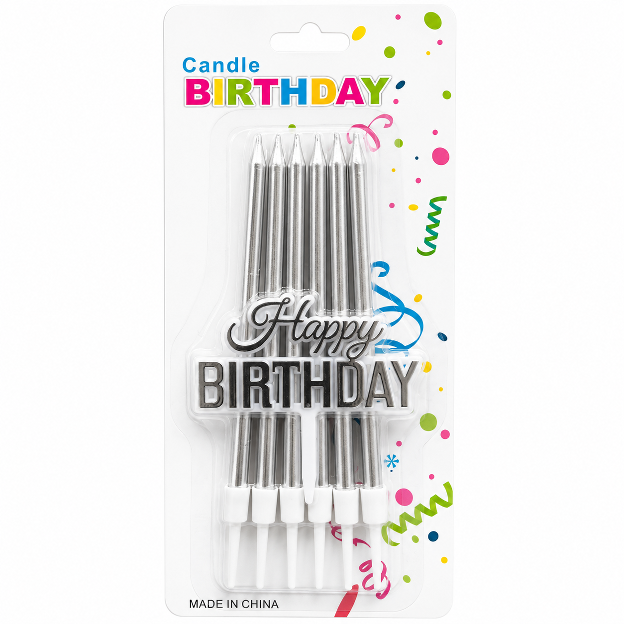 Pack of six silver metal birthday candles with white tips, sealed in a clear plastic blister pack on a white backing card decorated with colorful confetti and the words 'Candle BIRTHDAY' and 'Happy BIRTHDAY'.