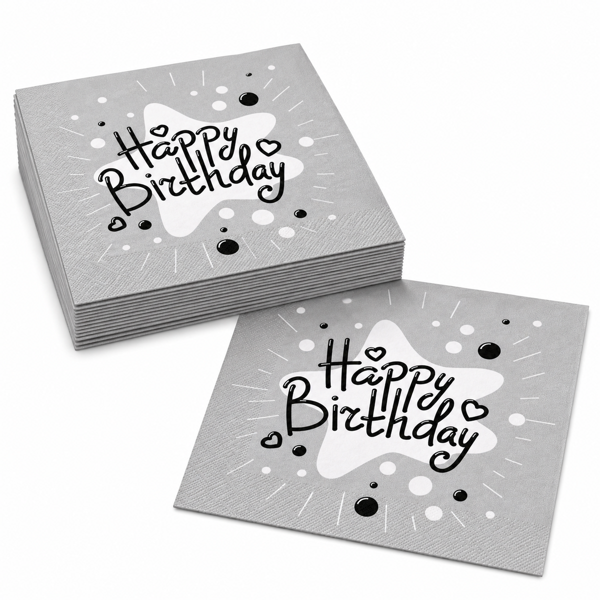 Stack of silver birthday napkins with 'Happy Birthday' text on a white background