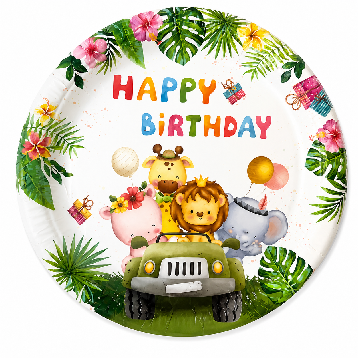 Happy Birthday Safari Plates with cute jungle animal design and tropical birthday theme