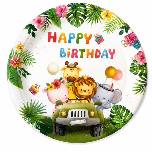 Happy Birthday Safari Plates with cute jungle animal design and tropical birthday theme