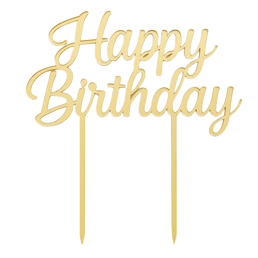 Gold 'Happy Birthday' cake topper on a white background