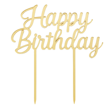 Load image into Gallery viewer, Gold &#39;Happy Birthday&#39; cake topper on a white background