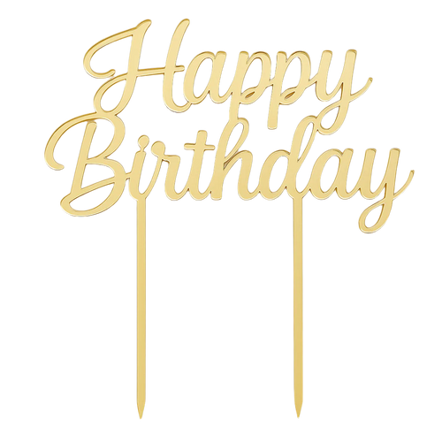 Gold 'Happy Birthday' cake topper on a white background