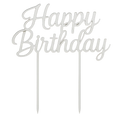 Silver 'Happy Birthday' cake topper on a white background