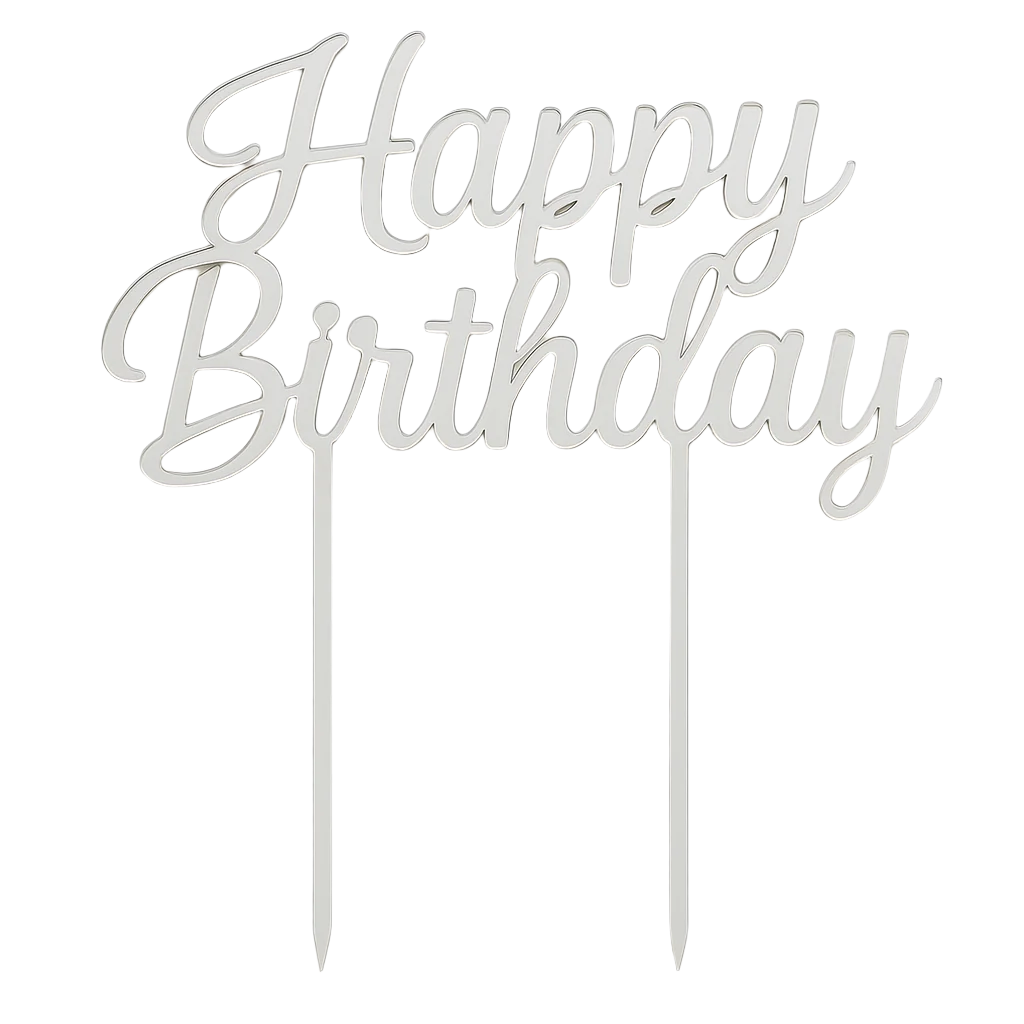 Silver 'Happy Birthday' cake topper on a white background