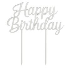 Load image into Gallery viewer, Silver &#39;Happy Birthday&#39; cake topper on a white background