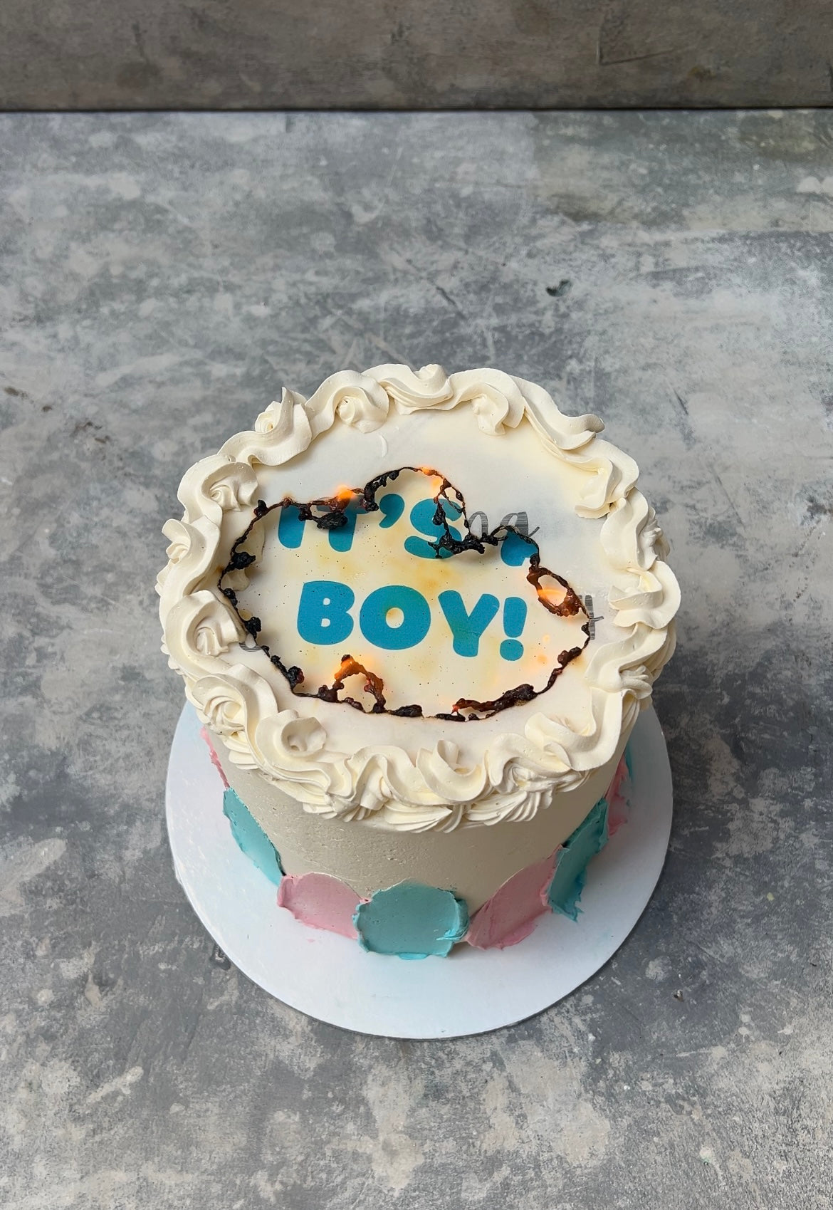 Burning Gender Reveal Date Cake!