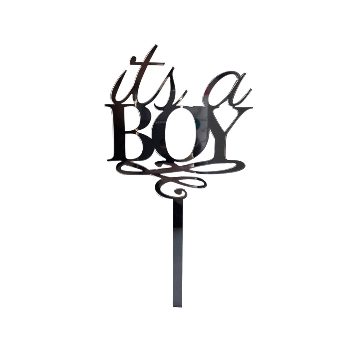 Gold and silver It’s a Boy cake topper with elegant script font