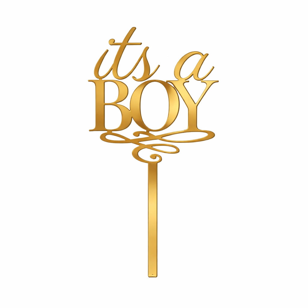 Gold 'it's a boy' cake topper on a white background