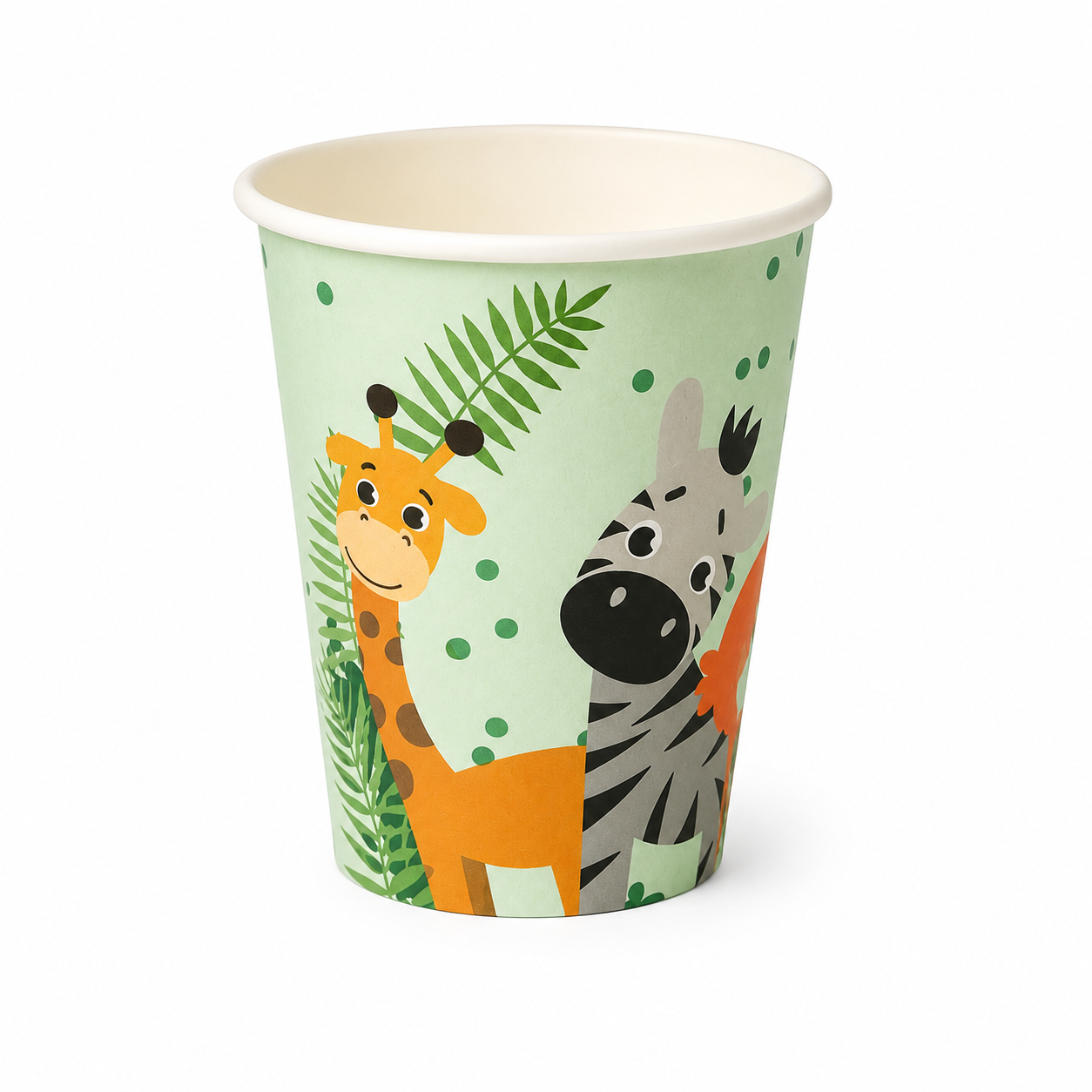 Paper cup with jungle animal design on a white background