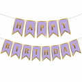 Purple and gold 'Happy Birthday' banner on a white background