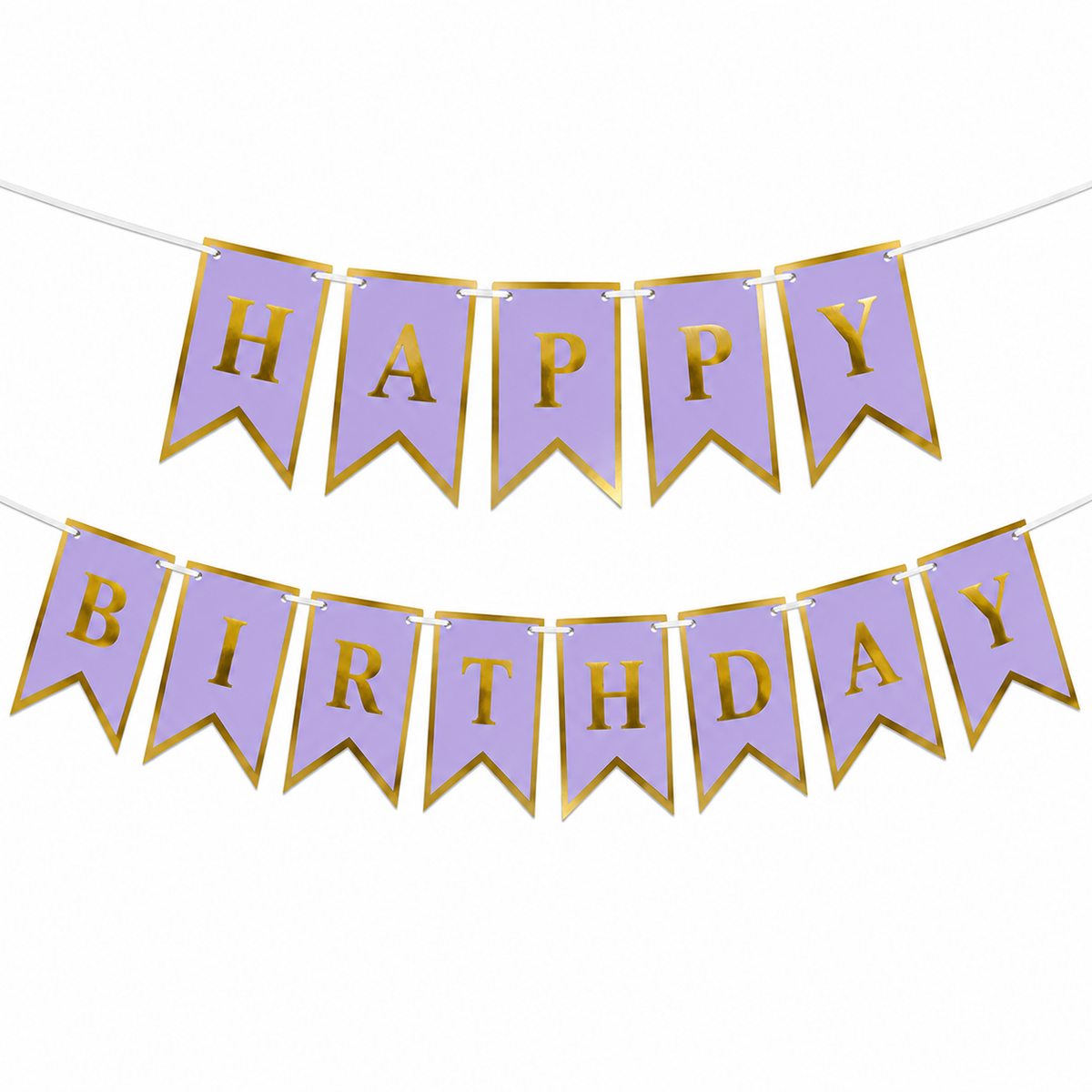 Purple and gold 'Happy Birthday' banner on a white background