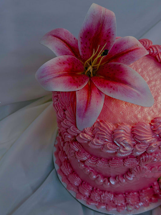 Pink cake with a large pink flower on top