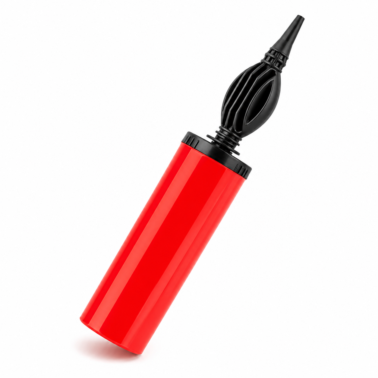 Red balloon pump with black nozzle on a white background