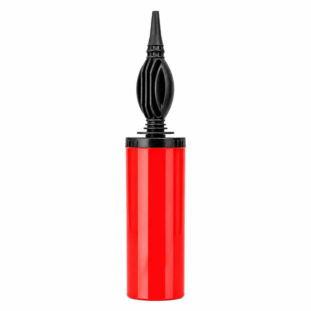 Red and black inflatable device on a white background