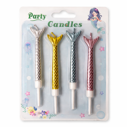 Set of four mermaid-tail shaped party candles in packaging
