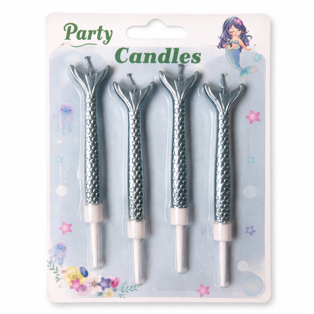 Set of four mermaid tail-shaped party candles on a decorative pack
