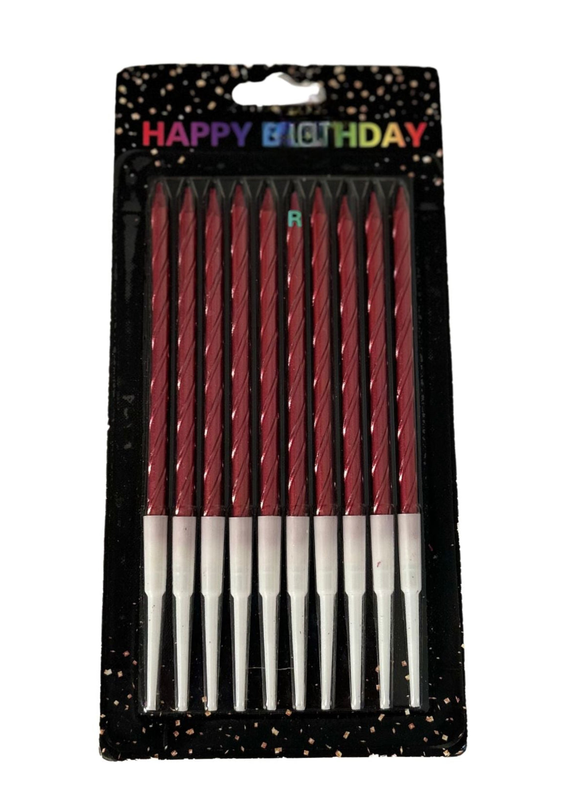 A pack of metallic burgundy birthday candles with white wax, presented in a clear plastic packaging with 'Happy Birthday' text and decorative glitter.