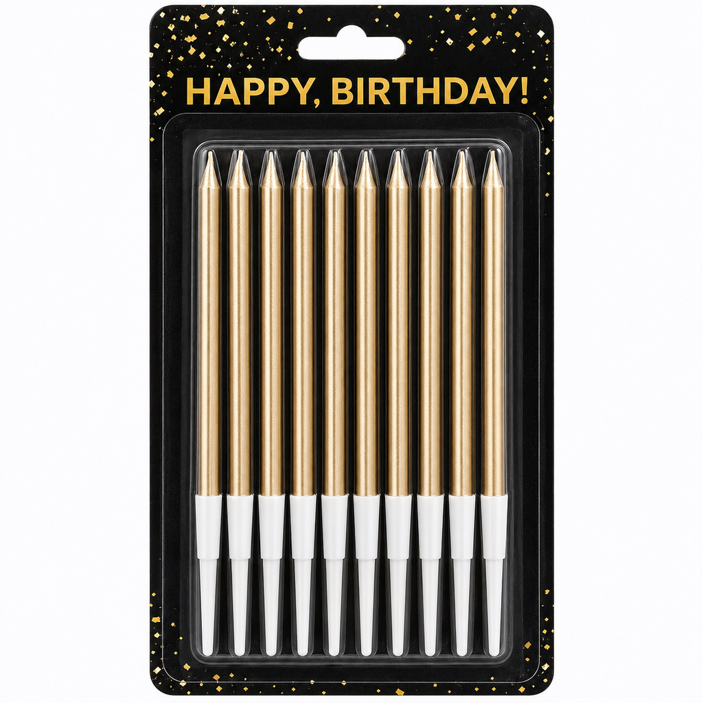 Pack of 10 gold birthday cake candles with white tips, sealed in a black card package with gold confetti and 'HAPPY, BIRTHDAY!' text.