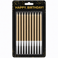 Pack of 10 gold birthday cake candles with white tips, sealed in a black card package with gold confetti and 'HAPPY, BIRTHDAY!' text.