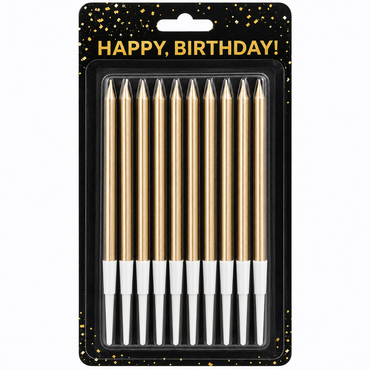 Pack of 10 gold birthday cake candles with white tips, sealed in a black card package with gold confetti and 'HAPPY, BIRTHDAY!' text.
