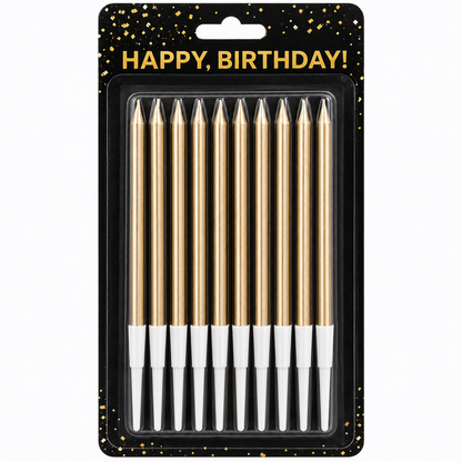 Pack of 10 gold birthday cake candles with white tips, sealed in a black card package with gold confetti and 'HAPPY, BIRTHDAY!' text.