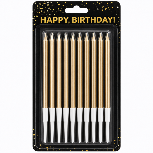 Pack of 10 gold birthday cake candles with white tips, sealed in a black card package with gold confetti and 'HAPPY, BIRTHDAY!' text.