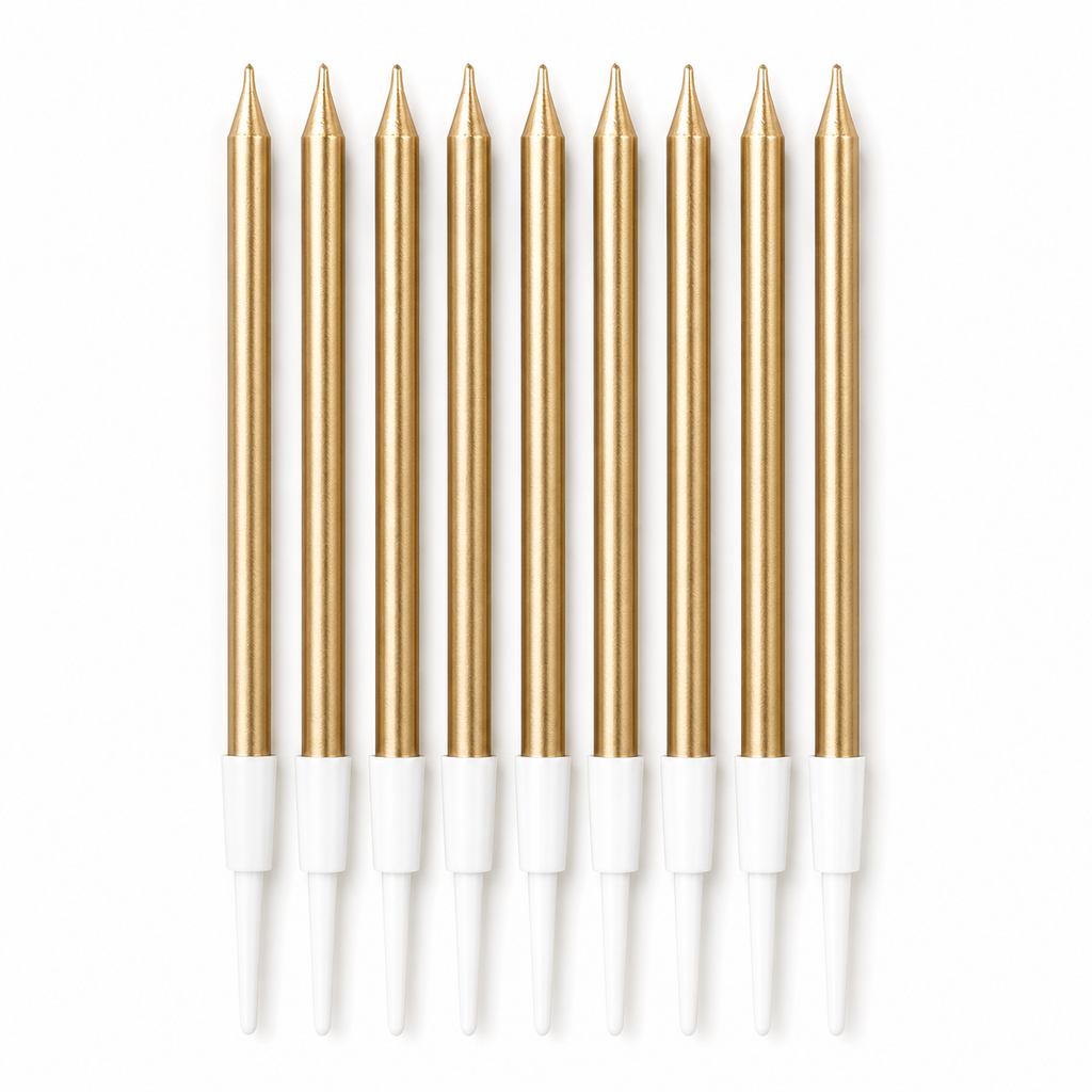 Eight gold taper candles with white plastic wicks, arranged in a neat vertical row on a solid white background.