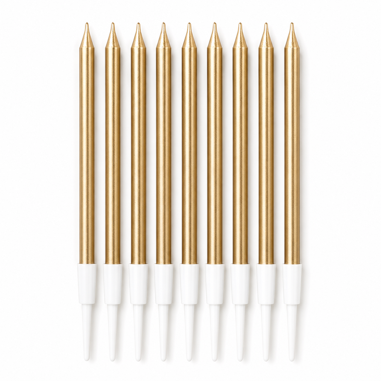 Eight gold taper candles with white plastic wicks, arranged in a neat vertical row on a solid white background.