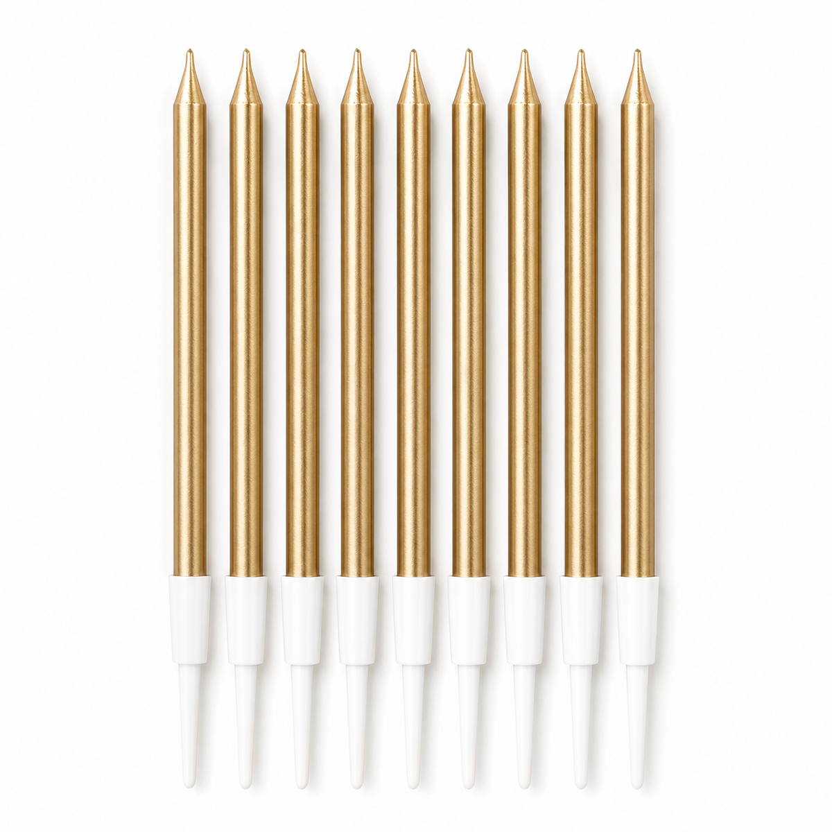 Eight gold taper candles with white plastic wicks, arranged in a neat vertical row on a solid white background.
