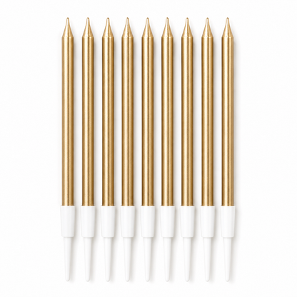 Eight gold taper candles with white plastic wicks, arranged in a neat vertical row on a solid white background.