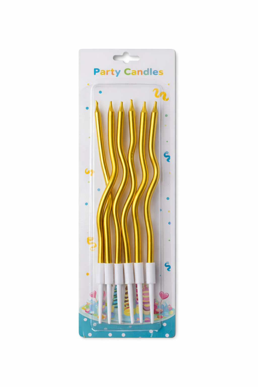 Packaged gold party candles with white wicks on a white background