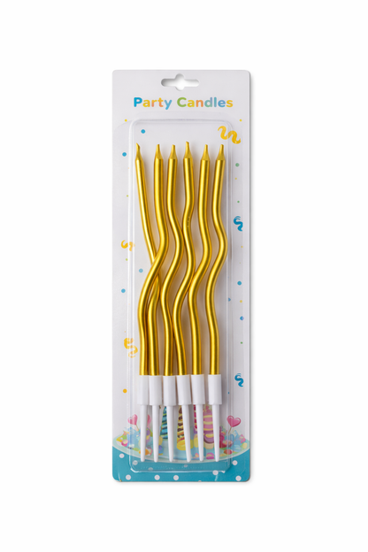 Packaged gold party candles with white wicks on a white background