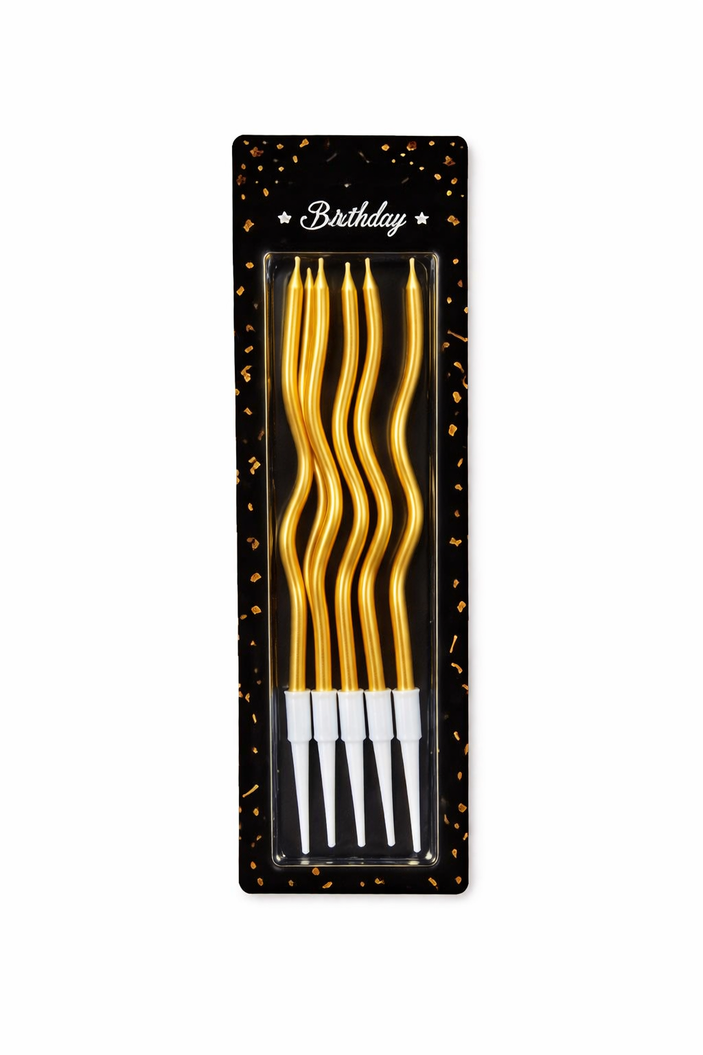 Packaged gold birthday candles with a black label on a white background