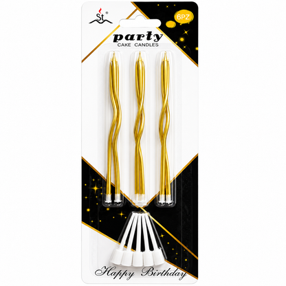 Three gold twisted taper cake candles in a white and black hanging card package with 'party cake candles' and 'Happy Birthday' text.