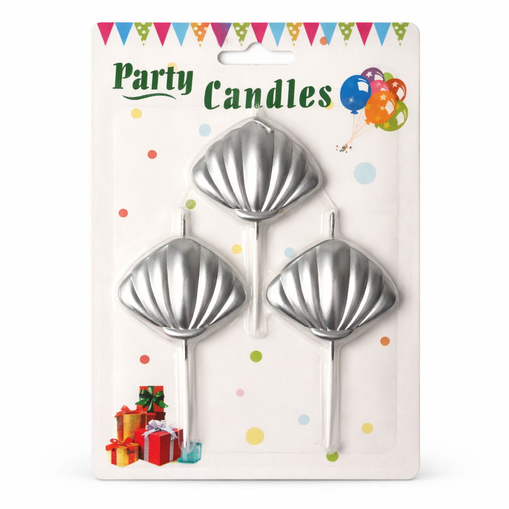 Packaged shell-shaped party candles with colorful decorations on the packaging.