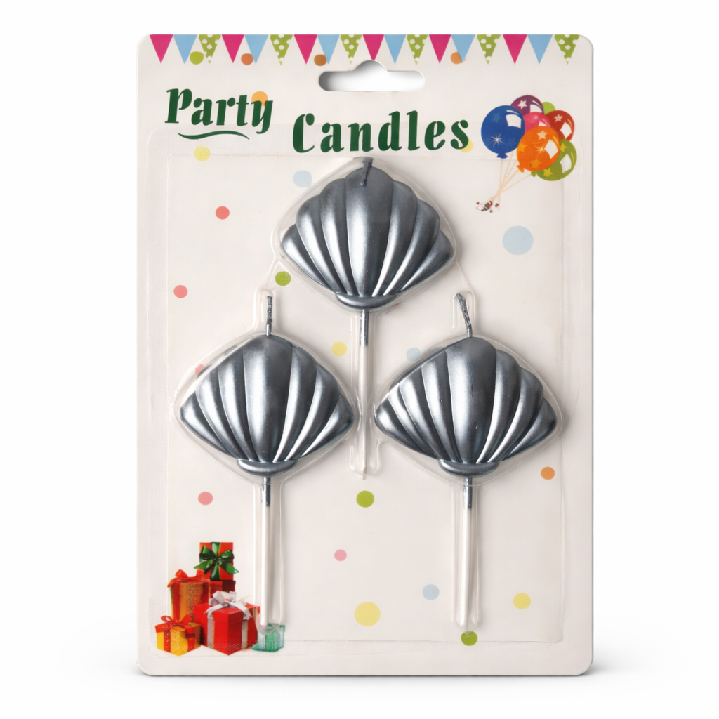 Three shell-shaped party candles on a branded card with colorful pack.