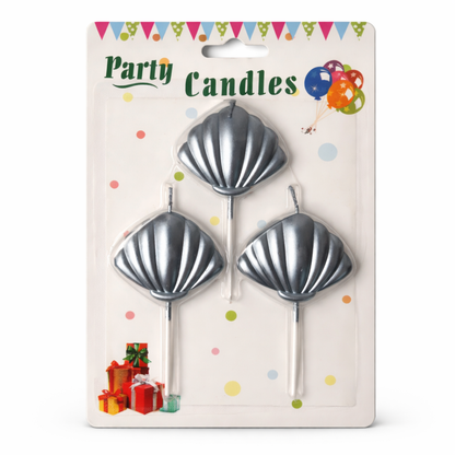 Three shell-shaped party candles on a branded card with colorful pack.