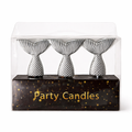 Three silver mermaid-tail shaped candles in a clear packaging box with 'Party Candles' text.